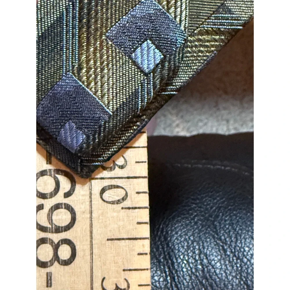Pronto Uomo Mens Silk Tie Olive Green Blue Geometric Diamond Italy 4 Inch